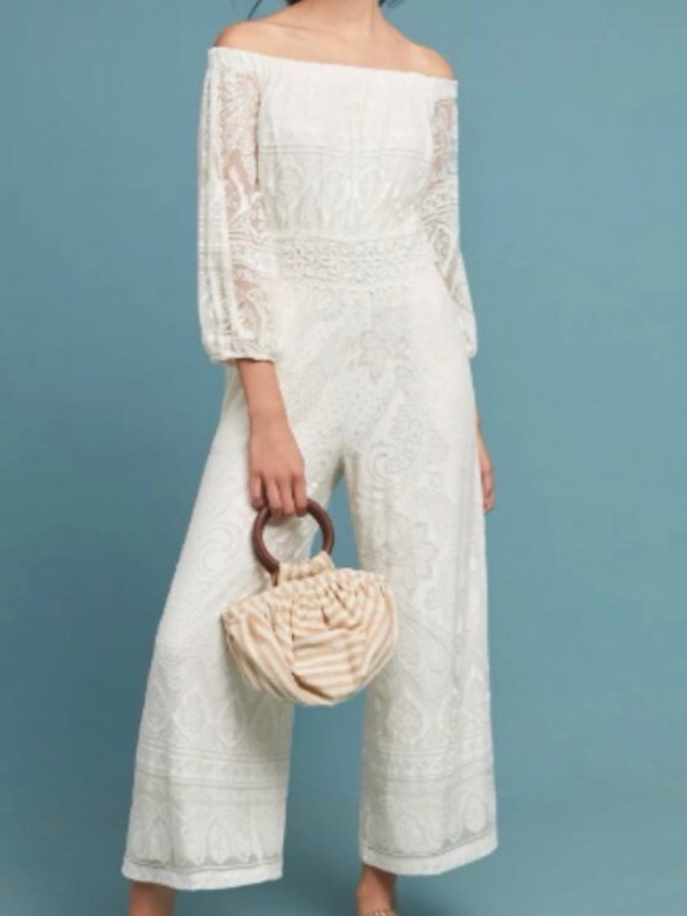 FARM Rio Elliott Cream Off-Shoulder Lace Jumpsuit